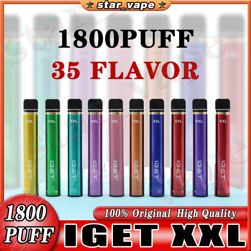 Original IGET XXL Disponibla POD Device Kit E-cigaretter 1800 puffs 950mAh Batteri 7 ml Förspillad patron Stick Vape Stick Pen vs Bang XXL Shion King Plus Max