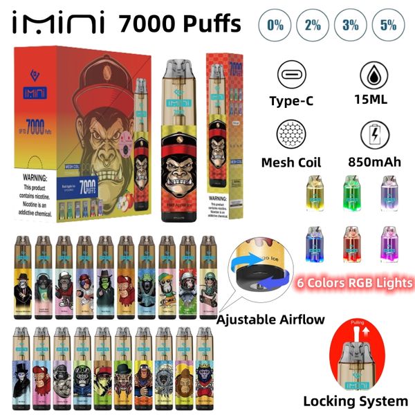 IMINI 7000 Puffs original cigarettes électroniques de vape jetables 15 ml Pod Rechargeable Flow Airflow Réglable 0% 2% 3% 5% Vaporisateur de l'appareil 20 Fruits Flavors Send