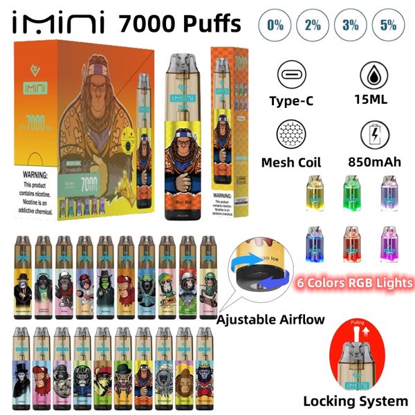 Cigarrillo electrónico desechable original Imini PUFFS 7000 recargado con 20 sabores 0% 2% 3% 5% Concentración de sal y atomizador opcional Sistema de tanque de aceite visible 12k