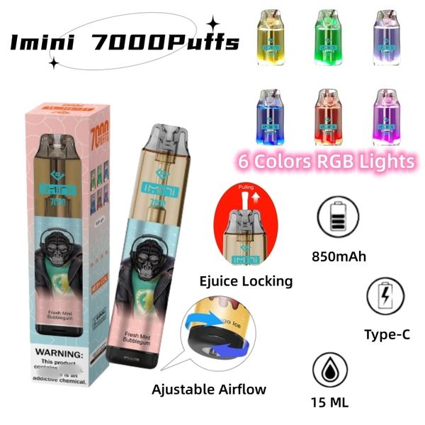 IMINI R E-cigarette LED RGB Light Bar 7000puffs Pos à cigarette électronique Disposable Vape 850mAh E Chargeur de narguilé E