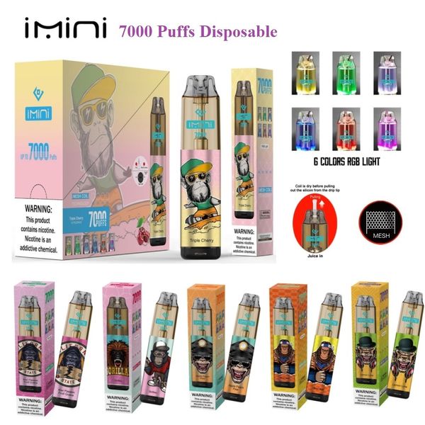 IMINI Tornado original 7000 Puff Puff Vape Pen electrónica Cigarrillos electrónicos 15 ml de malla Mesh Bobina 6 Colores brillantes Dispositivo ajustable de aire recargable Puff 7000 Instock