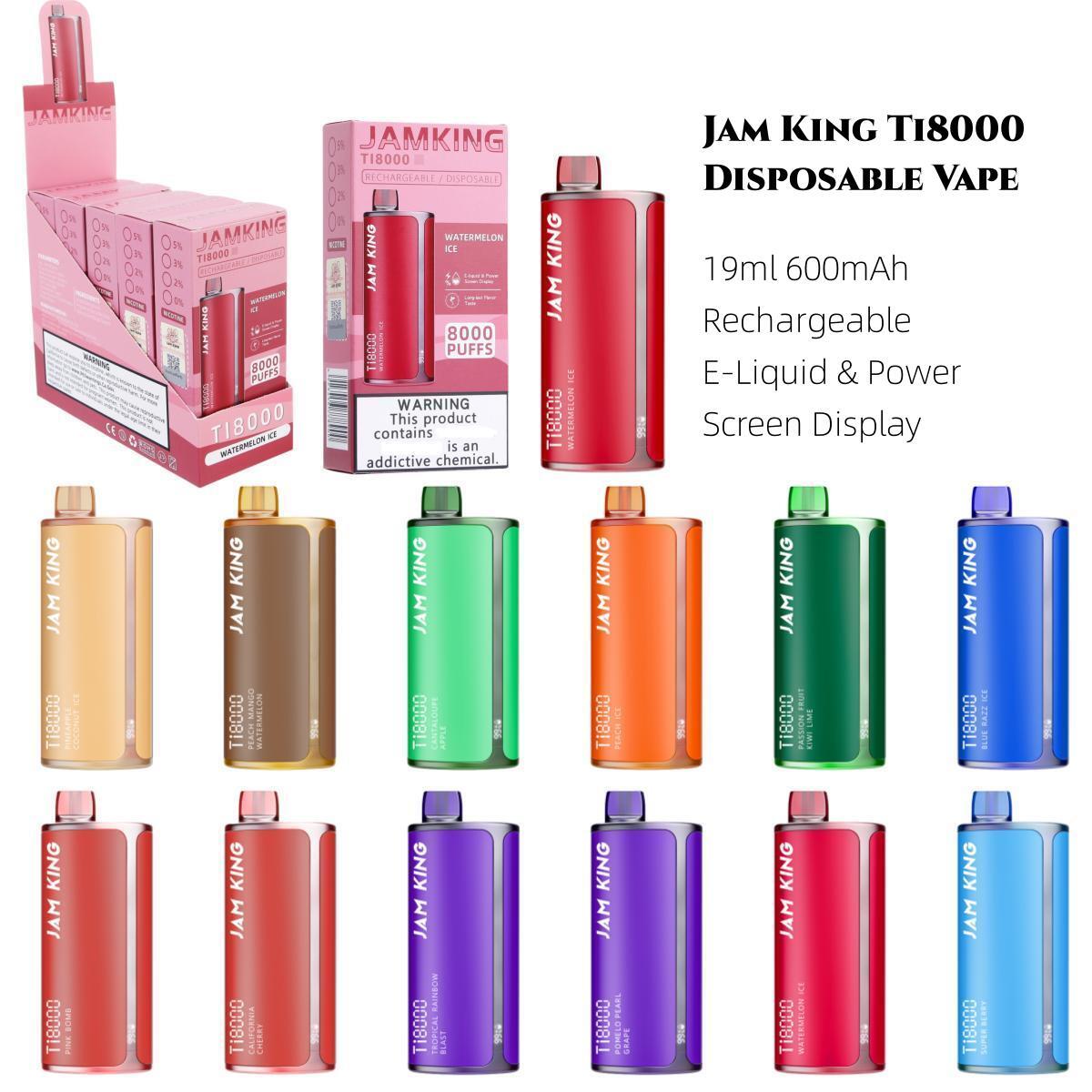 Originele Jam King Ti8000 Vape-pen Wegwerpsigarettensmaakwolk 9k 19ml 0% 2% 3% 5% sterkte 600mAh Oplaadbare vapes met schermweergave versus Elf Ti7000 9000 10k 10000