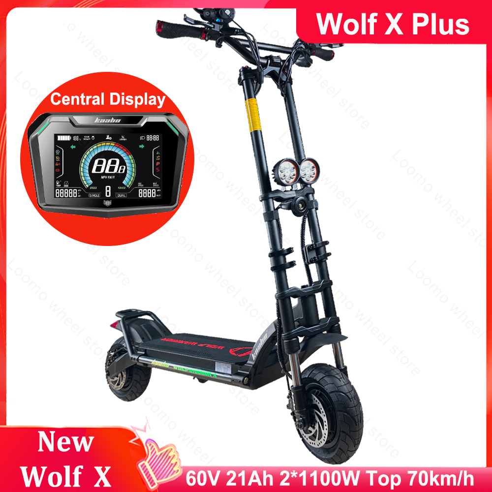 Nuovo originale Kaabo Wolf Warrior X 60V 21Ah Display TFT NFC Ricarica USB 2 * 1100W Motore 70 km / h Freno idraulico completo IPX5 Impermeabile