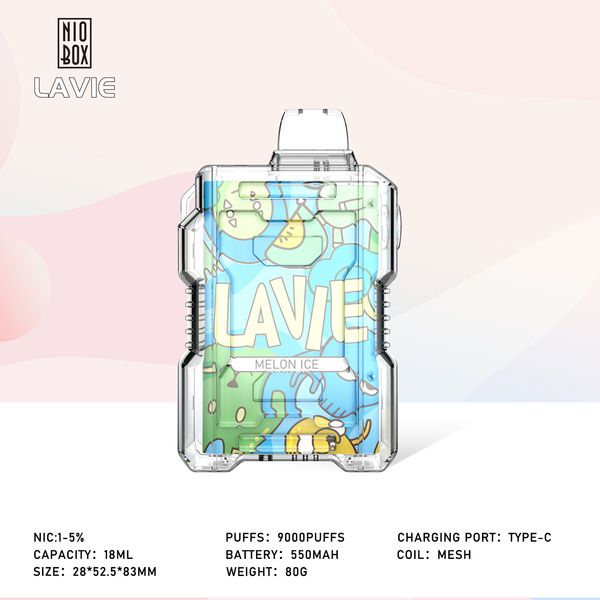 Original LAVIE Crystal Box 9000 Puff E Cigarettes 72mg Vape Pen 550mAh Batterie rechargeable 12 Saveurs 2% 5% Capacité 18ml Pastèque Glace