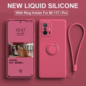 Étuis en Silicone liquide d'origine pour Xiaomi Mi Note 11Pro 10Pro 10S Funda 11T Pro, sangle de support d'anneau, couverture arrière