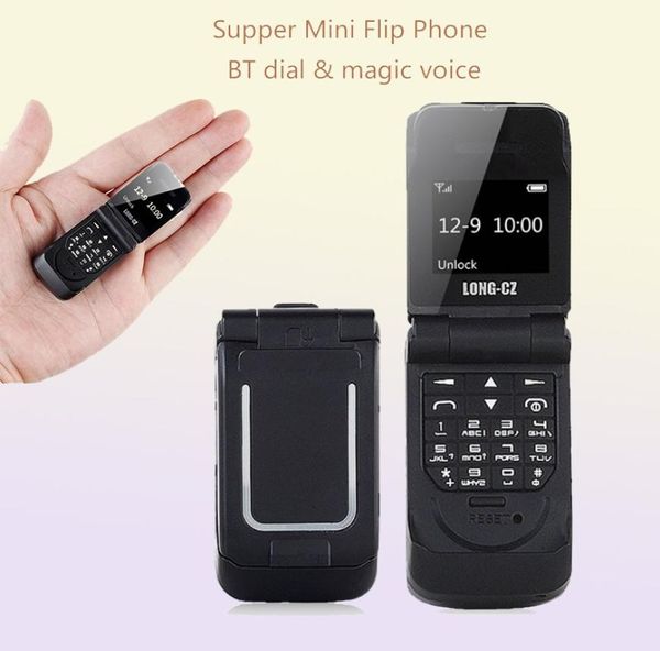 Original LONGCZ J9 066quot Los teléfonos celulares más pequeños Mini Flip Teléfono móvil Inalámbrico Bluetooth Marcador FM Voz Mágica Manos Earp6098833