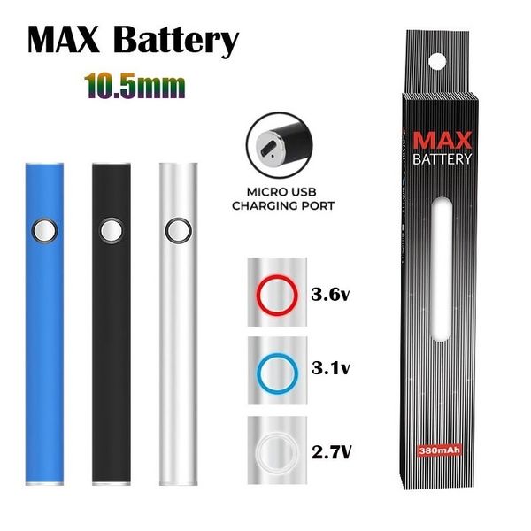 Fabricante original Batería máxima Cartucho de 10,5 mm de diámetro Batería USB Passthrough 350 mAh Voltaje de precalentamiento VV Vape Pen para 510 Thread Battery Pen