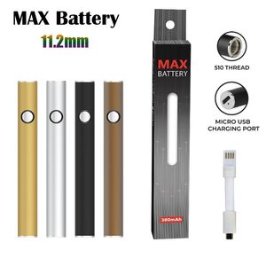 Originele Max Batterij 11.2mm Diameter Cartridge Batterijen USB Passthrough 380mAh Voorverwarmen Spanning VV Vape Pen fit 510 Karren Fabriek Directe Leveringen