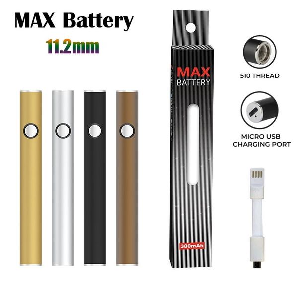 Batería máxima original Cartucho de 11,2 mm de diámetro Baterías USB Passthrough 380 mAh Voltaje de precalentamiento VV Vape Pen apto para 510 carros Suministros directos de fábrica