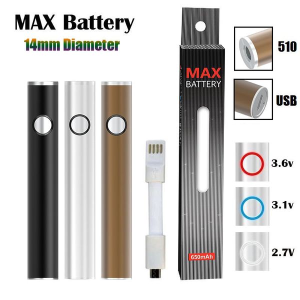 Original Max Batterie 14mm Diamètre Cartouche Batteries 650mAh Préchauffer Tension Variable VV Vape Pen pour 510 Chariots avec USB Passthrough