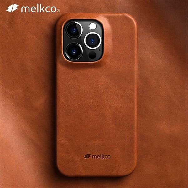 Melkco – coque arrière en cuir véritable pour iPhone, compatible modèles 15 Pro Max, 14Pro, 14, cire d'huile, rétro, Business, originale
