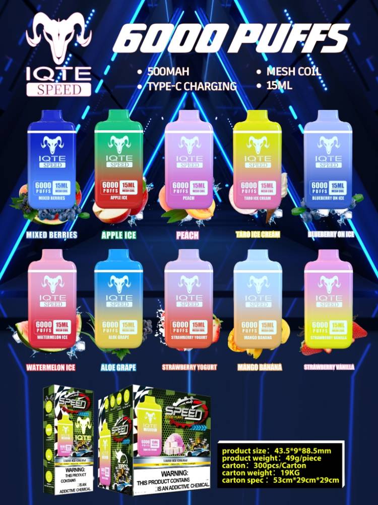 Nieuwste IQTE SPEED Type-c oplaadbare wegwerpvape-pen Voorgevuld 6000 trekjes Capaciteit van 15 ml Karren Pods Starterkits Vaporizers E-sigarettensysteem Apparaatdamp