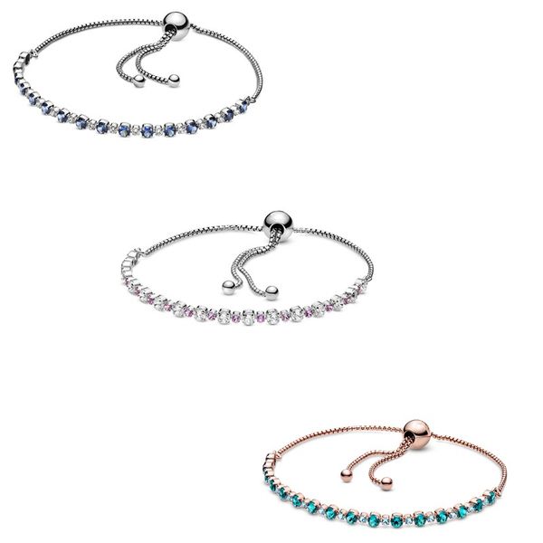 Moments originaux bleu et clair étincelle curseur Bracelet Bracelet Fit femmes 925 en argent Sterling perle breloque bijoux de mode