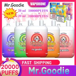 Stylo vape jetable original Mr.Goodie 20000 bouffées 650mAH 20ML + 20ML Double dosettes d'huile 10000 bouffées + 10000 bouffées préremplies 12 saveurs Type-C double réservoir double bobine de maille E-Cigs