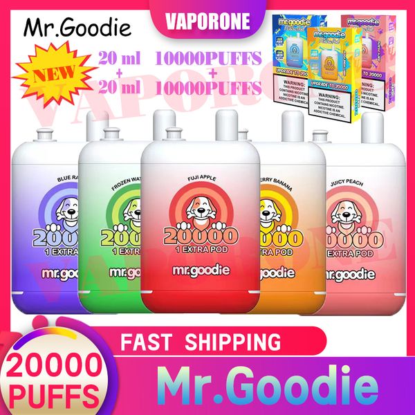 Stylo vape jetable original Mr.Goodie 20000 bouffées 650mAH 20ML + 20ML Double dosettes d'huile 10000 bouffées + 10000 bouffées préremplies 12 saveurs Type-C double réservoir double bobine de maille E-Cigs