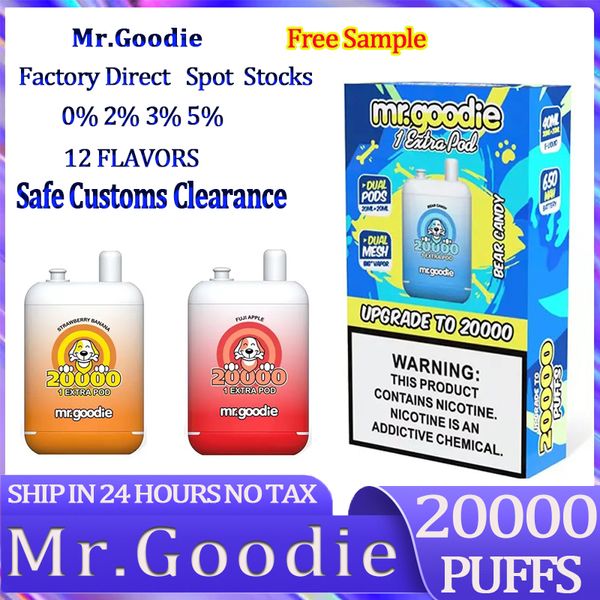 Original Mr.Goodie 20000 puffs Desechable Vape pluma Tanque dual Bobina de malla dual 20 + 20 ml 650 mah Tipo-C 0/2/3/5% 12 sabores Dispositivo precargado E Cigarrillo pod puffbars 20k 15k puff