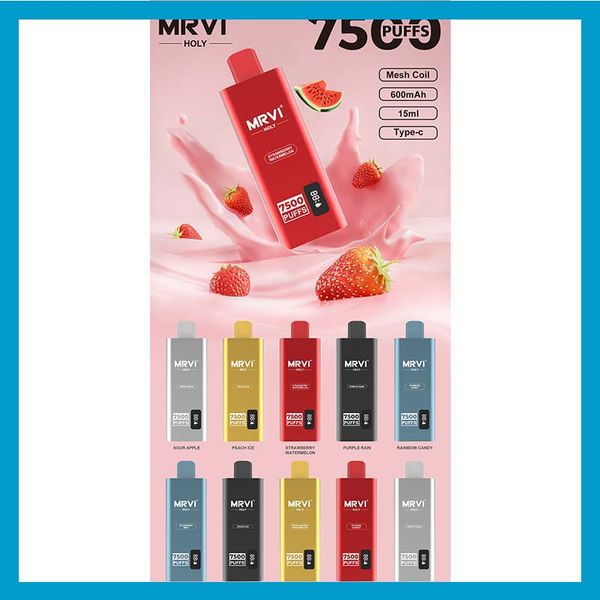 Original Mrvi Holy 7500 Puffs Jetable Vape Pen E Cigarette Dispositif Avec 600mAh Batterie 15ml Pod Pré-remplie Catridge rechargeable 2023 Screen Show