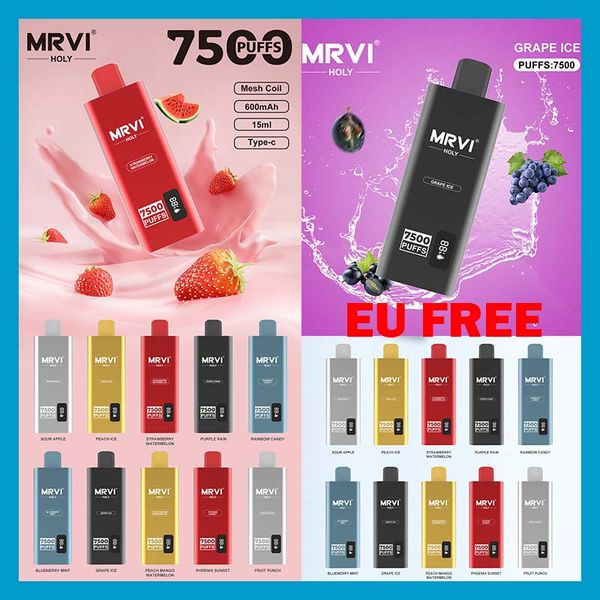 Original Mrvi Holy 7500 Puffs Jetable Vape Pen E Cigarette Dispositif Avec 600 mAh Batterie 15 ml Pod Pré-remplie Catridge rechargeable UE GRATUIT Écran Affichage Mesh Bobine