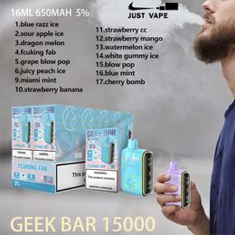 Original multi-saveur Geek Bar 15000 Puff jetables E cigarettes bobine de maille 16 ml Pod 650 mAh batterie électronique Cigs 5% 17 saveurs 15K Puffs Vape Pen