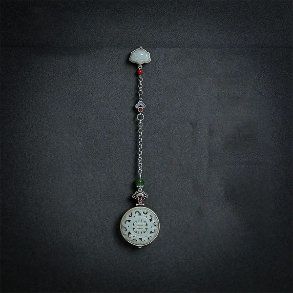 Original Natural an Jade Round Rouyi Button Pendant Openable Vintage Long Chain Tassel 925 Silver Jewelry Hanfu Accessoires 240401