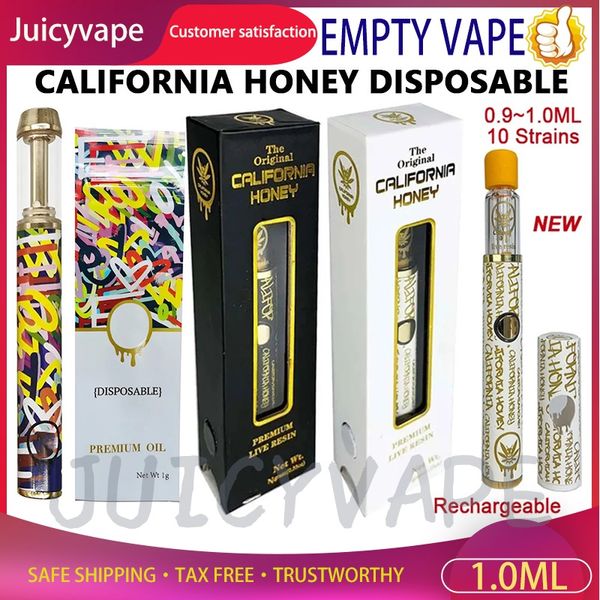 Original NOUVEAU Miel de Californie coloré avec boîte Stylos jetables 1,0 ml Vaporisateurs en or noir Cigarettes électroniques vides Batterie rechargeable Sac d'emballage d'huile épaisse pure