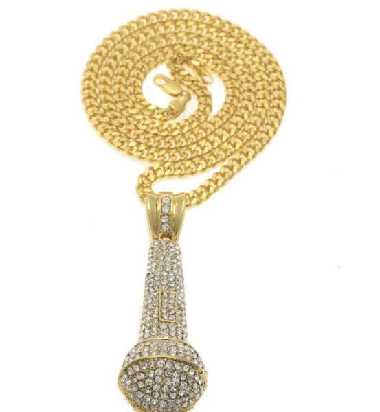 Original nouveau plein diamant alliage strass pierre Microphone perceuse Microphone pendentif hommes Hip-Hop collier bijoux populaires WY199