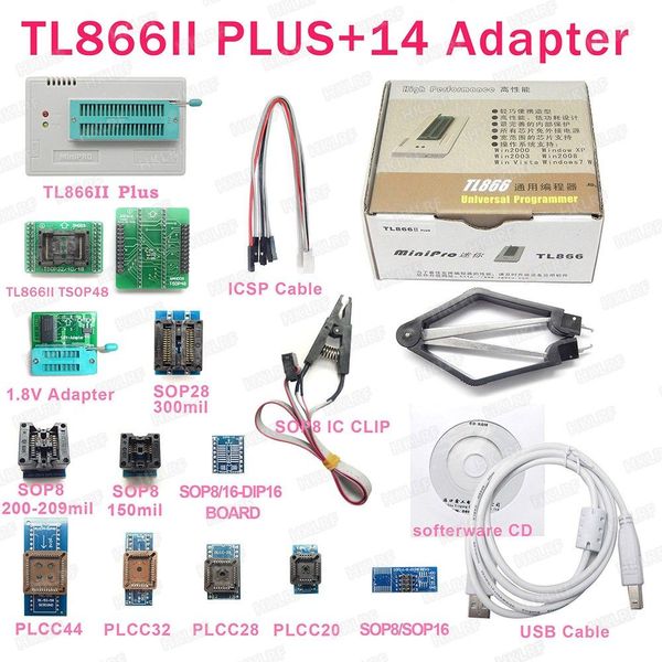 Original nouveau programmeur universel TL866II PLUS + 14 adaptateurs + adaptateur TSOP32 TSOP48 + pince de test TL866 Bios EPROM haute vitesse livraison gratuite