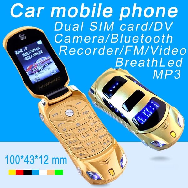 Original Newmind F15 débloqué téléphones à rabat lumière LED dessin animé Mini modèle de voiture de sport lanterne Bluetooth téléphone portable double carte SIM celulaire