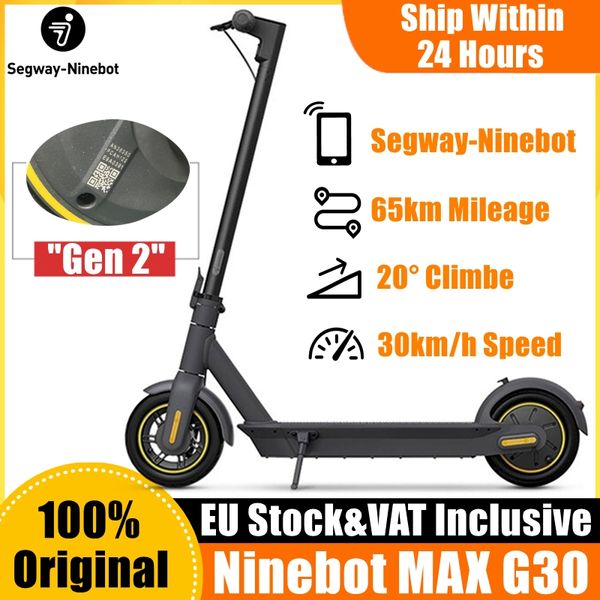 Stock de la UE Original Ninebot de Segway MAX G30 Scooter eléctrico inteligente plegable 65 km Kilometraje KickScooter Monopatín de freno doble G30P con aplicación que incluye IVA Gen 2