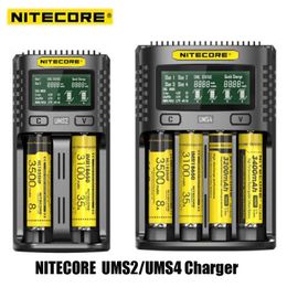 Originele Nitecore UMS4 UMS2 Chargers LCD Display Intelligent QC Fast Charging 4A Grote USB 4 2 Dual Slots Charge voor IMR 18650 20700 21700 Universal Li-ion batterij