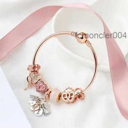 Fashion Pandore d'origine S925 Silver Rose Gold Charm Perles de coeur Bangles Bracelets Chaîne de chaîne