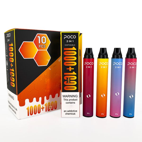 Original Poco 2 en 1 2000 Bouffées Jetable Vape Pen Eletronic Cigarette 950MAH 6ML 10 Couleur E Cig Stare kit Vapeur E-Cigarette Cartouche