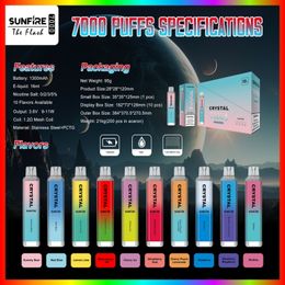 Profital Pro Sunfire Crystal 7000 Puffes E Cigarettes Mesh Coil Vapes jetables stylo 10 saveurs 2mg Pods à barres préfile