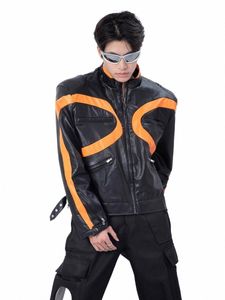 Chaqueta de cuero de PU original para hombres Industria pesada Diseño de cremallera de metal Chaqueta de bombardero de motocicleta Abrigo de cuero de retales retro v5u3 #