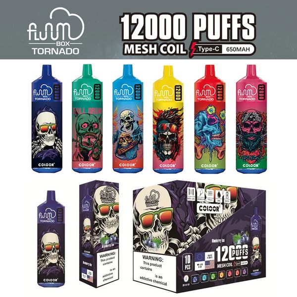 Original Puff 12000 Fluum Tornado Box 12000 Puffs E Cigarrillos Kit de inicio 12K Vaporizadores grandes Vape desechable Bobina de malla Luces LED 20 ml Vainas precargadas Bang Box Vapes