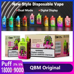 Originele QBM Box Puff 18000 Puff 9000 Vapes Wegwerp Puff 18K 9K Dual Mode Vaper Digitale display VAPE Device 18ml Pod 2% 5% 10 FLAVORS E Sigarettendamp Pen 18000 Puffen