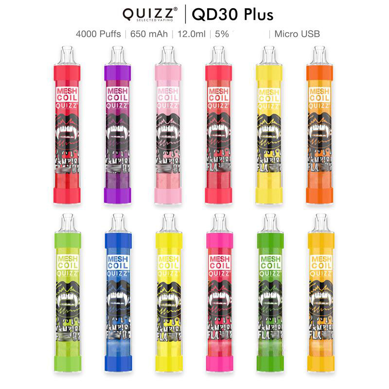 Quizz original qd30 plus recarregável caneta vape e cigarro de 650mAh Bateria 4000 Puffs 12ml vagens RGB Kit de vapor de vaporizador de flash leve RGB