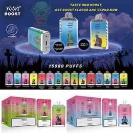 Boîte de vape originale RM Boost 15k cigarette électronique jetable 15000 bouffées avec écran numérique 24 ml dosette pré-remplie batterie rechargeable 650 mAh bobine de maille serrure à l'épreuve des enfants