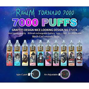 Original Randm 7000 Puff Tornado 0/2/3/5% 14 ml Vapes préremplies 1000 mAh Débit d'air rechargeable réglable 56 saveurs Vente en gros Usine Chine Randm Tornado 9k 10k 12k