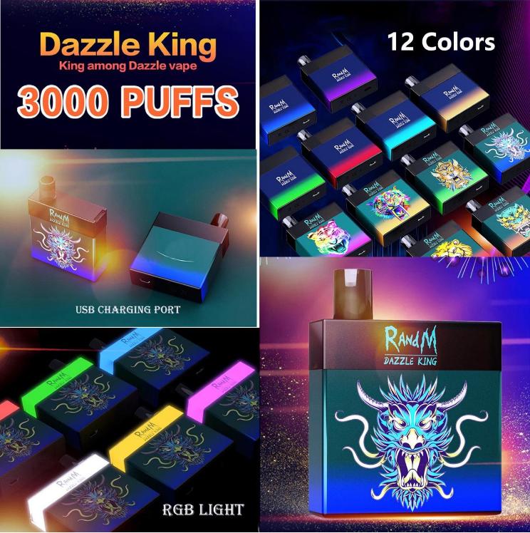 Original RandM DAZZLE KING 3000 Puffs Disposable Device Kit 1100mAh Battery Prefilled 8ml Pods Vape Stick Pen Colorful LGB Led Light 12 Colors BAR PRO SWITCH