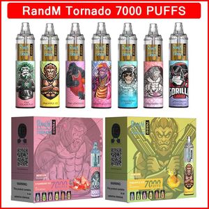Kit de cigarette Randm E original Tornado 7000 Puffs Puffs E-cigarettes jetables Vape Rechargeable RGB Mesh Coil 56 FLAVORS 0/2/3/5%