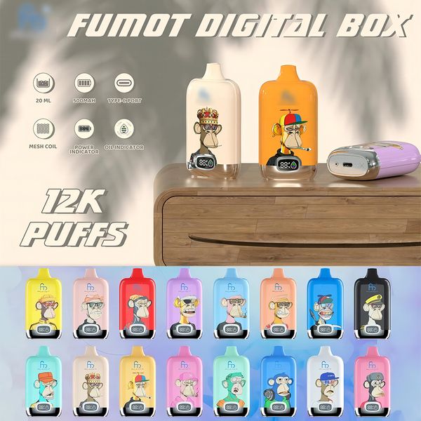 Boîte numérique originale Randm Fumot 12000 Puff Vape jetable 12K 850mAh Type-C Charge 20 ml avec batterie et affichage Ejuice 16 saveurs 0% 2% 5% E cigarettes