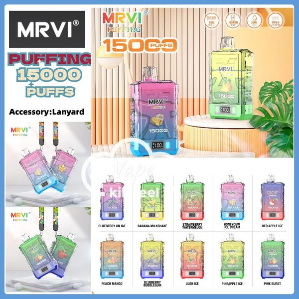 Puff original 15000 MRVI PUFFING 15K vaper Puff E cigarette 25ml 750mah vapes rechargeables bouffée jetable double bobine de maille avec lanière bouffées vapes razz bar puff 12k