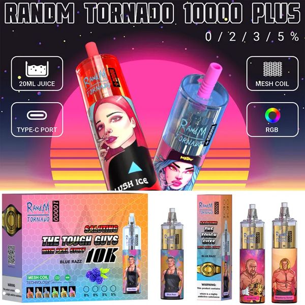 Original RandM Tornado 10000 Plus Puffs Desechable Vape Pen E Cigarrillos 20 ml Pod Mesh Coil RGB Luz Recargable Aire ajustable 2% 3% 5% Dispositivo Vaporizador 10k