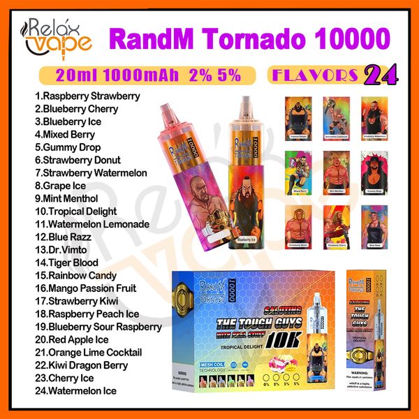 Original RandM Tornado 10000 Puff Vapes jetables 0,8ohm Bobine de maille 20 ml 1000 mAh Batterie Cigs électroniques rechargeables Kits 10K Contrôle du flux d'air Dispositif de cigarettes électroniques