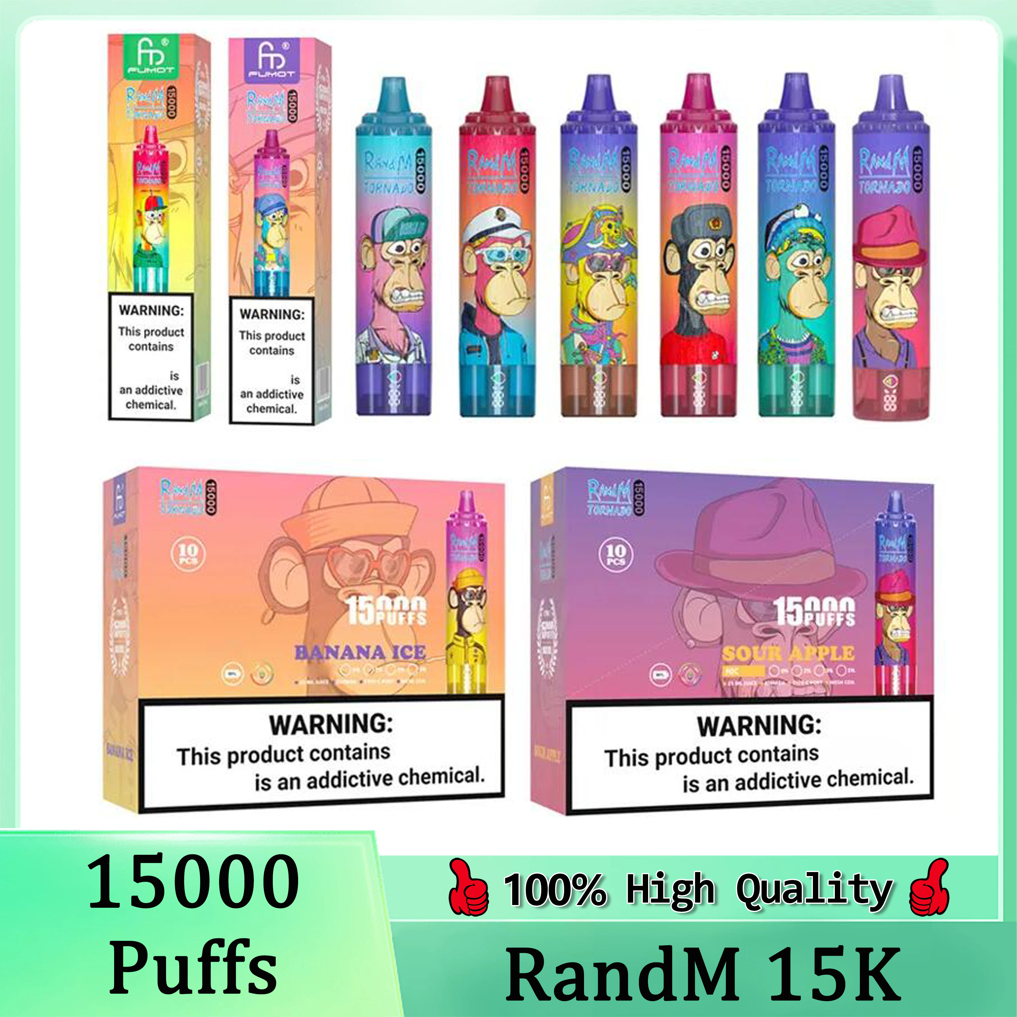 Original RandM Tornado 15000 Puffs Descartáveis Vape Pen 15k Puff Vape Fumot 25ml Cartuchos pré-carregados Pod 850mAh Bateria recarregável 41 sabores em estoque