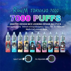 Original RandM Tornado 7000 cigarettes électroniques jetables 14 ml bobine de maille 6 couleurs brillantes batterie rechargeable air réglable 0% 2% 5% dispositif 7K Vape Pen 56 saveurs