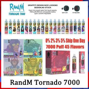 Originele RandM Tornado 7000 Wegwerp Vape Pen Elektronische Sigaretten 14 ml Pod Mesh Coil Oplaadbaar Luchtverstelbaar 2% 5% Apparaatverdamper 50 Smaken Snel schip