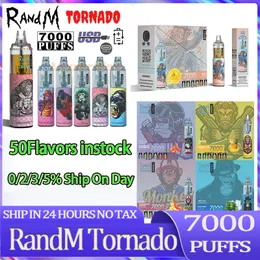 Original RandM Tornado 7000 Puff jetable Vape Pen Cigarettes électroniques 14 ml Pod Mesh Coil 6 couleurs lumineuses rechargeable dispositif réglable en air Puff 7000 Vapes