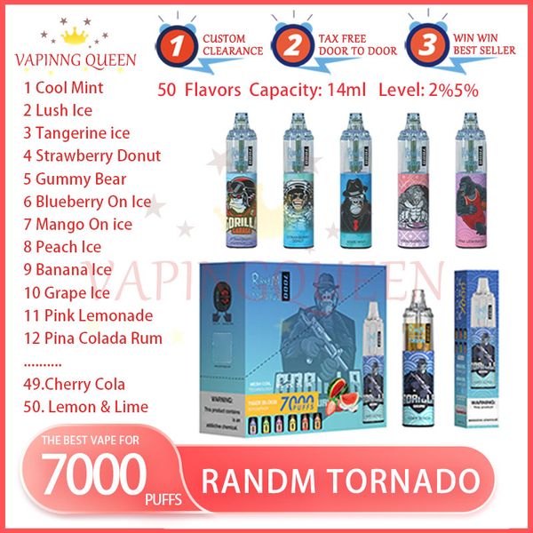 100% authentique RandM Tornado 7000 Puff Cigarettes électroniques jetables 14 ml Pod Mesh Coil 6 couleurs brillantes Dispositif rechargeable à air réglable Puffs 7K Vape Pen